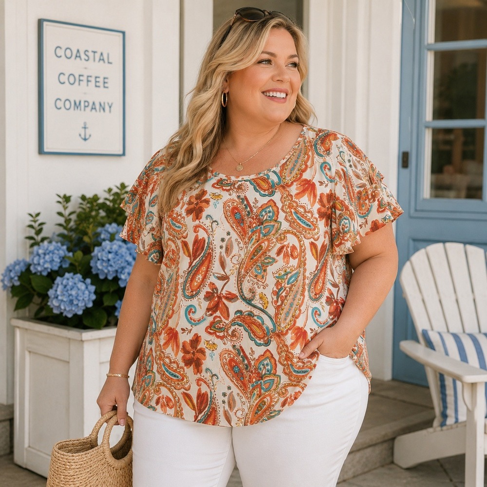 Cato Paisley Floral Flutter Sleeve Blouse‎ Boho Peasant Top Women's 22/24W NWT